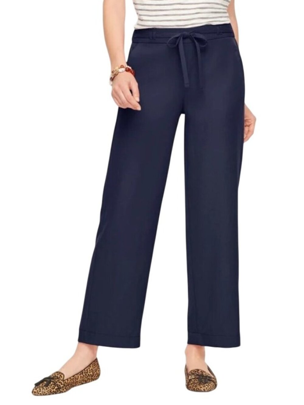 Talbots 3X Slub Tencel Wide Leg Pants Navy Blue Elastic Waist Tie career cool